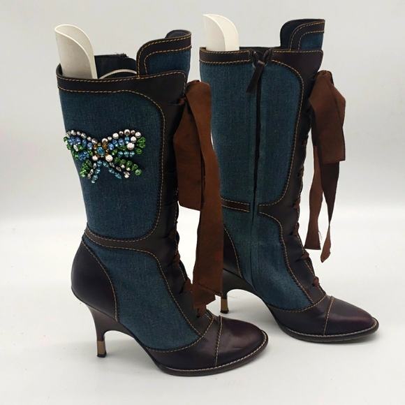 GIUSEPPE ZANOTTI LEATHER & DENIM JEANS BOOTS 2 1/2 INCH HEELS 👠 SIZE 40 - Picture 3 of 15